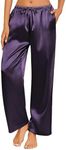 Ekouaer Womens Silk Satin Pajama Pants Casual Loose Lounge Pants Drawstring Elastic Waist Wide Leg Pj Bottoms with Pockets, Dark Purple, Large