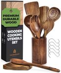 Wooden Spoons for Cooking, Cooking Utensils Set, Kitchen Utensil Set with Holder, Spoon Rest & Hanging Hooks, Teak Wood Nonstick Cookware – Durable Set of 8pcs by Woodenhouse