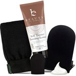 Self Tanner & Tanning Mitt Set – Tanning Lotion with Organic Aloe Vera & Shea Butter for Bronze Natural Looking Fake Tan, Mitt Set Includes Exfoliating Glove, Body Applicator and Face Applicator