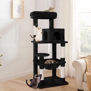 BEASTIE 143cm Multi-Level Cat Tree Tower with Scratching Posts, Sisal-Covered Cat Condo Play House Wood Furniture with Plush Perch, Black Cat Scratcher Tower for Kittens Climbing and Rest