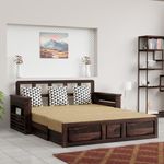 Krishna Wood Decor Wood Sofa Cum Bed For Home Furniture | Sofa Cum Bed For Living Room Wooden | Without Pillow | Living Room | Sofa Cum Bed | With Storage | Sofa Cum Bed Walnut Finish, 3-Person Sofa