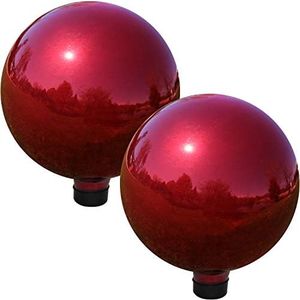 Sunnydaze 10-Inch Gazing Ball for Garden - Glass Gazing Globe with Mirrored Stainless Steel Finish - Red - Set of 2
