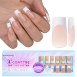 French Nail Tips Long, BTArtboxnails 3 in 1 X-Coat Tips Square Fake Nails 150PCS Press On Nails, No Need File Glue on Nails with Pre-applied Tip Primer & Base Coat, Gel Nail Tips 15 Sizes