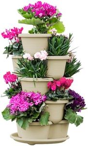 RooTrimmer 5 Tier Tower Stackable Planter, Strawberry Planter, Vertical Gardening Indoor/Outdoor Planters, Herb Planter for Growing Flowers, Vegetables and Succulents (Off-White)