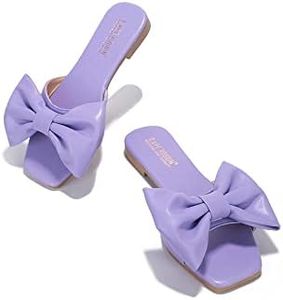 Cape Robbin Juju Sandals Slides for Women - Women Mules Slip On Shoes with Bow, Summer Flats with Bow, Sandals with Bows for Women - Lilac Size 6