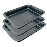 Plastific 3pc Roasting Tray Set Non-Stick Deep Oven Baking Tins Heavy Duty Trays Roasting Trays for Oven Non-Stick (Grey)