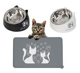 Cat Bowls Cat Food Water Bowl Cat Food Mat Wipe Clean Feeding & Watering Supplies for Cats Raised Cat Bowl Cat Feeding Mat Bowl Cat Accessories Kitten Bowls (Grey + Black + White)