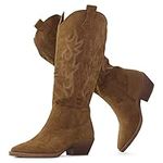 RF ROOM OF FASHION Women's Western Cowboy Knee High Boots, Tan Suede, 8.5