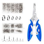 Waltool 311Pcs Fishing Split Rings and Hook Assortment Kit with Fishing Plier, 5 Sizes Flat Lure Tackle Connector and 6 Sizes Carbon Steel Triple Fishing Hooks for Freshwater Saltwater