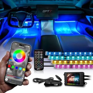 OPT7 Aura PRO Bluetooth Interior Car Light Kit, 4pc Single Row RGB LED Strip, w/Soundsync, Door Assist, Multi Color n Mode Ambient Decor Under Dash Footwell Floor, Cigarette Adapter 12V, App Control