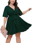 SCOMCHIC Emerald Green Dress for Women Plus Size Wrap V Neck Wedding Guest Semi Formal A Line Short Sleeve Mini Dress XL