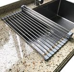 Tomorotec Roll Up Dish Drying Rack Over The Sink Gray Large Dish Drying Rack Rolling Foldable Collapsible SUS304 Stainless Steel Multipurpose Dish Drainer for Kitchen Counter (17.8”x15.7”)