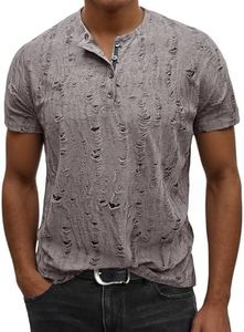 Gleam Ledra Mens Shirts Short Sleeve Jacquard Henley Shirts Casual Basic Tee Button Fashion Soild T Shirts 011 Grey Coffee Large