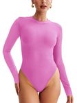 REORIA Women's Basic Trendy Crewneck Long Sleeve Tummy Control Thong Bodysuit Tops, Neon Orchid, Large/X-Large