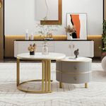 BTM 2-in-1 MDF Round Coffee Tables, Gold Coffee Table with Glossy & Marble Tabletop and 2 Drawers, Grey and Gold Nest of Tables,70x70x46+50x50x40 cm