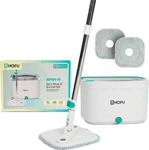 HOFU Spin Mop and Bucket for Floor Cleaning | Automatic Separation of Clean & Dirty Water System | 360° Rotating Mop Head | Machine-Washable Microfiber - 1 Extra Refill | White & Teal