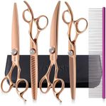 FOGOSP Rose Gold Titanium Dog Grooming Scissors Set 4PCS Curved Thinning Straight Chunkers Shears Kit with White Artificial Diamonds Ergonomic Offset Handle Japan 440C Sharp and Durable