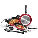 Milton Pro Cook Kitchen Jewel Set of 5 (Fry pan 24 cm/1.6 litres; Kadhai 24 cm/2.5 litres with Glass lid; Tawa 25 cm;Nylon Laddle and Spatula), Maroon | Induction | Hot Plate | Flame Safe