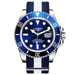 LOREO Mens Silver Stainless Steel Sapphire Glass Black Rotating bezel Men's Automatic Watch, blue/Nylon, Diving Watch