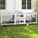 PetsCosset Double Rabbit Hutch Outdoor Indoor Large Bunny Cage with Dual Side Runs, 2-Story Wooden Hutch with 4 Leak Proof Trays, 8 Wheels, Waterproof Roof, Ramp, for Small to Medium Animals