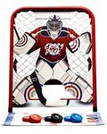 Crazy Puck Hockey Goal Practice Target Set - Steel Street Hockey Net with 6 Shooting Pucks and Board - Goalie Ice Hockey Targets for Indoor and Outdoor Game for All Seasons (Semi-Pro)