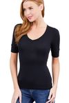 Hollywood Star Fashion Young Women's Elbow Sleeve V Neck Plain top Shirt(Small, Black)