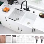 33 Inch White Farmhouse Sink Double Bowl Workstation-Bokaiya 33x20 Fireclay Double Bowl Farmhouse Sink Apron Front White Porcelain Ceramic Reversible 50/50 Double Bowl Farm Sink with Accessories