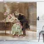 Ambesonne Cat Shower Curtain, Vintage Painting of 2 Kittens Dating Victorian Couple Romance Love Theme, Cloth Fabric Bathroom Decor Set with Hooks, 69" W x 70" L, Green Brown