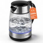 YASHE Electric Glass Kettle 1.7L, 2200W Fast Boil Kettle with Blue LED Light, Automatic Shut-Off and Boil-Dry Protection Filter Button to Open lid Clear Glass Cordless Design