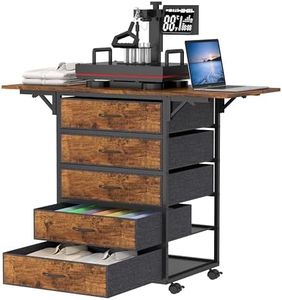 Movable Heat Press Table with 5 Drawers, Heavy Duty Folding Top Heat Press Stand on Wheels - Rolling Storage Cart for Heat Press Machine and Craft Supplies (Brown-5D)
