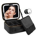 VANMRIOR Travel Makeup Bag with LED Lighted Make up Case with Mirror 3 Color Setting Cosmetic Makeup Box Organizer Vanity Case for Women Beauty Tools Accessories Case Rechargeable, Black, Travel