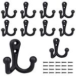 BIGLUFU 10 Pack Coat Hooks, Black Coat Hook, Heavy Duty Wall Coat Hooks, Double Prong Utility Rustic Hooks with 20 Screws, Retro Hooks for Hanging Coat, Scarf, Bag, Towel, Key, Cap, Cup, Hat