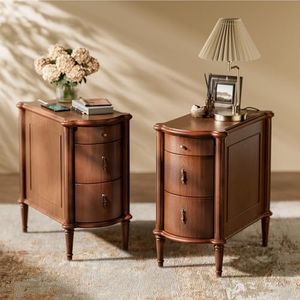 STO'SENSE Nightstand Set of 2 w/Charging Station & 3 Drawers, Pre-Assembled, Vintage Side Table w/Antique-Finished Pulls, Rustic Wood Finish, Narrow End Table w/Turned Legs for Bedroom, Brown