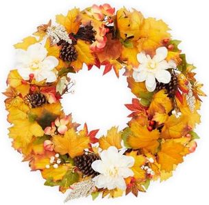 24 Inch Fall Front Door Wreath Decorations, with Pinecone, Maple Leaf, White Flowers, Fall Thanksgiving Decor Indoor Outdoor, for Home Office Party Window Fireplace Decoration