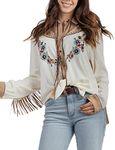 JOHN MOON Women's Embroidered Western Long Sleeve Buttons Down Shirts Collared Retro Casual Blouses Shirts, 01 White, L