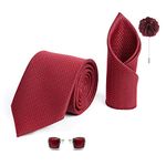 Axlon Mens Plaid Micro Self Silk Necktie Gift Set With Pocket Square Cufflinks & Brooch Pin Tie For Men Formal With Leatherite Box (Maroon SIDIMRRX Free Size)