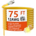 12/3 Gauge Heavy Duty Outdoor Extension Cord 75 ft Waterproof with Lighted end, Flexible Cold-Resistant 3 Prong Electric Cord Outside, 15Amp 1875W 12AWG SJTW, Yellow, ETL HUANCHAIN