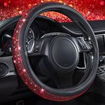 CAR PASS Diamond Black Leather Steering Wheel Cover, with Bling Crystal Rhinestones Universal Fit 14" 1/2-15" Crystal Glitter for Women Sparkle Girl Fit Suvs,Vans,Sedans,Cars,Trucks, Red Diamond