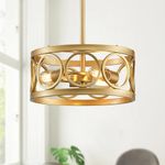 peskoe Gold Ceiling and Pendant Dual-Use Light Fixtures, 3-Light Modern Drum Kitchen Hallway Dining Living Room Bedroom Metal Round Farmhouse Chandelier Hanging Lamp