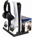 Hsility PS5 Stand with Cooling Fan PS5 Console Accessories Stand PS5 Charging Station PS5 Headset Stand Intelligent Micro Control PS5 Vertical Stand Dual Controller Charging Port 15 Game Discs Storage