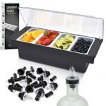 Esatto Bar Products Condiment Holder for Serving Container Chilled Garnish Tray with Lid for Bar Caddy, 4-1 Pint Inserts, With Added 12 Liquor Bottle Pourers, and 12 Pourer Covers - Black