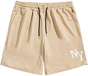 WDIRARA Men's Letter Graphic Print Drawstring Waist Tie Front Pocket Track Shorts Khaki L
