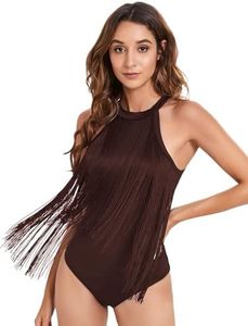 Verdusa Women's Western Boho Fringe Trim Sleeveless Bodycon Halter Bodysuit Top Cowboy Chic Outfits Coffee Brown X-Large