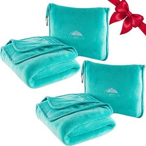 BlueHills 2-Pack Premium Soft Travel Blanket Pillow Airplane Blanket for Two in Soft Bag Pillowcase Compact Pack Large Blankets for Travel (Teal Green T012)