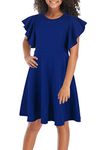 GORLYA Girl's Flutter Sleeve Stretchy A-Line Swing Flared Skater Party Dress with Pockets for 4-12 Years Kids (GOR1019, 7-8Y, Blue)