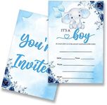 EUDOSI Boy Baby Shower Invitations Supplies Fill-In Set of 20 with Envelopes Blue Elephant Baby Shower Party Invites Cards, Double Sided