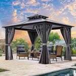 YITAHOME 10x10FT Gazebo Polycarbonate Hardtop Double Roof Canopy Outdoor with Netting and Shaded Curtains, Aluminum Frame Garden Tent for Patio, Backyard, Deck and Lawns, Grey