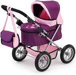 Bayer Design 13057AA Doll Pram Trendy, Foldable, Height-Adjustable Handle, with Shoulder Bag, Purple, Plum