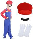 Brother Bodysuit Costume for Kids, Cosplay Halloween Fancy Dress Outfits Jumpsuit with Hat, Glove and Beard for Boy Girl (Red,M)