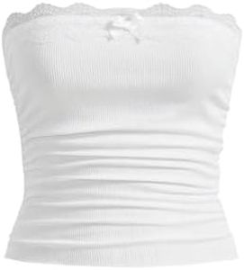 GORGLITTER Haut court pour femme avec bordure en dentelle - Sans bretelles - Haut d'été bandeau en dentelle, Blanc., S
